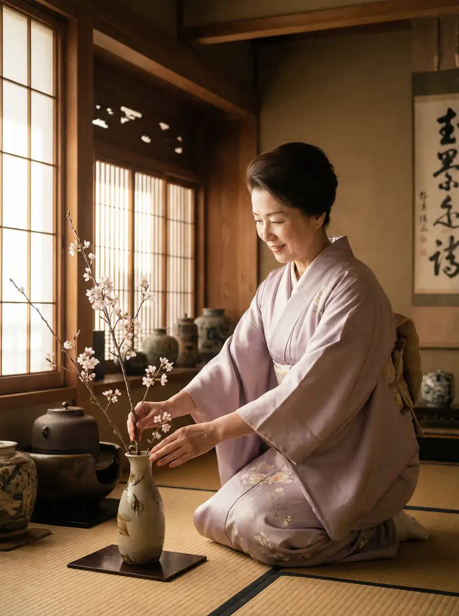 一位优雅的 森下悠里番号 在和室中插花